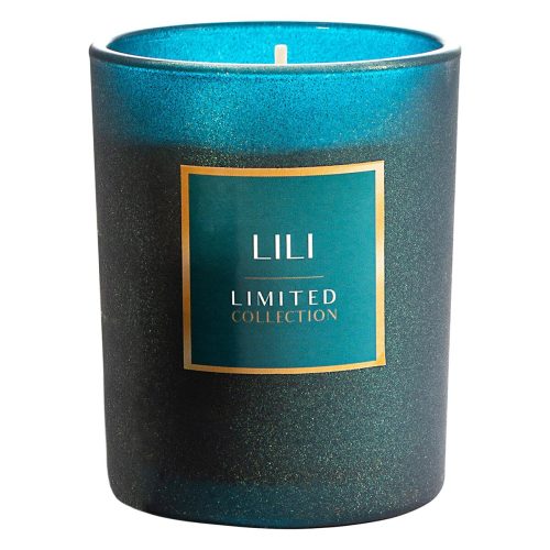 Lili illatos gyertya dekorüvegben Sötét türkiz 200g