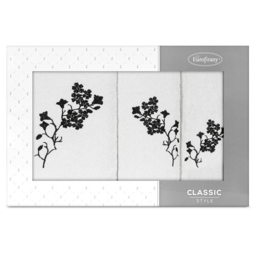 Blossom 3db-os virágmintás hímzett törölköző szett Fehér/fekete